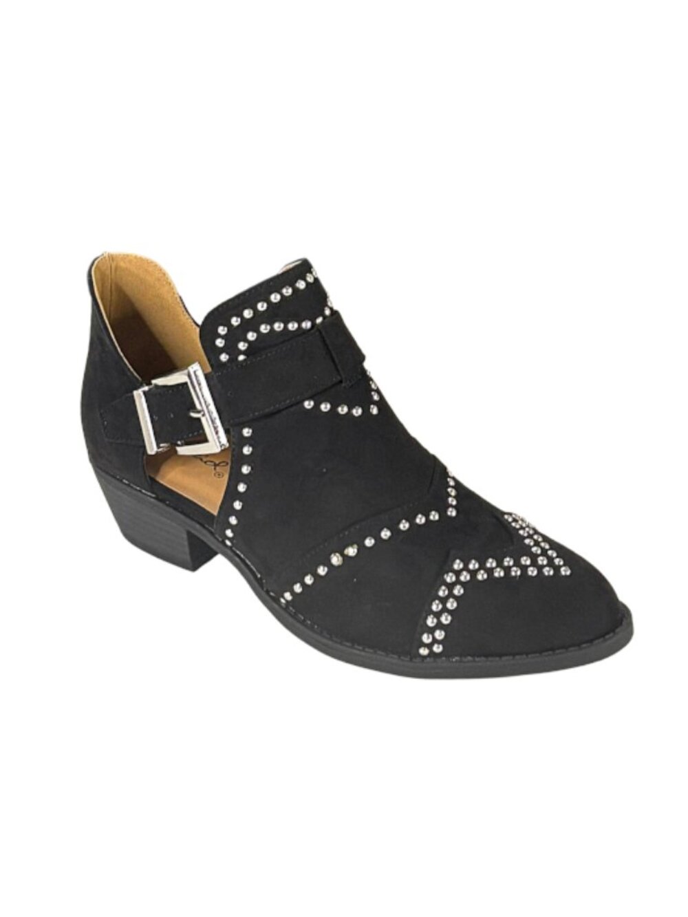 Qupid Sochi-123 Studded Cutout Black Su PuBooties Low Heel Buckle Shoes